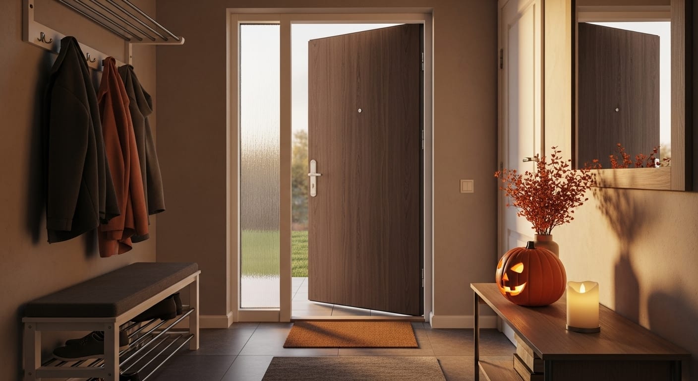 Halloween home prep: tidy entryway with simple jack-o’-lantern and clean doormat ready for guests