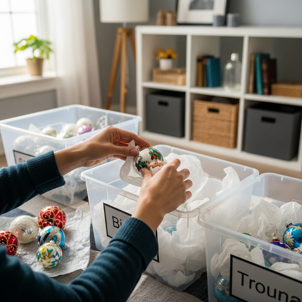 Hands carefully packing fragile holiday decorations into storage bins, a key task in a thorough January cleaning checklist for local families.