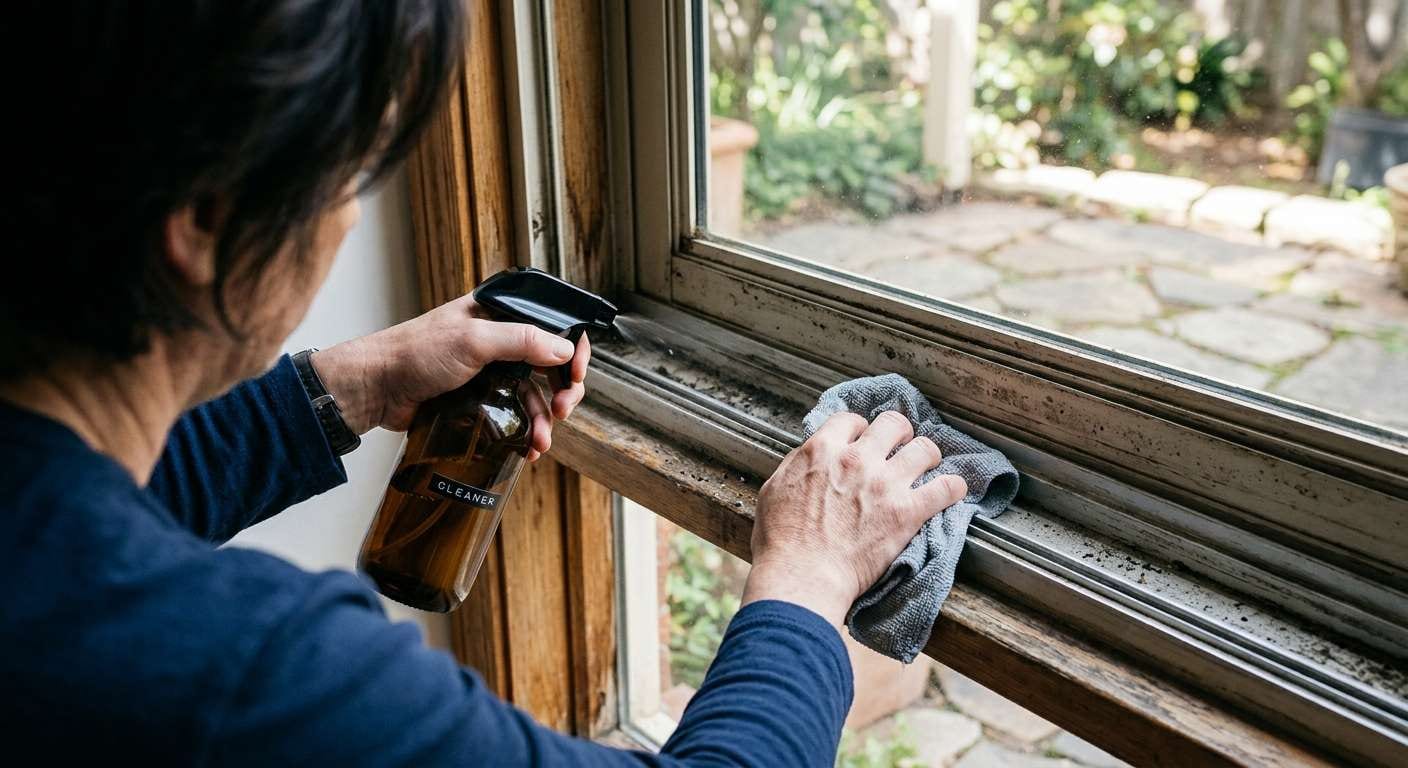 Hands cleaning a sliding door track with a cloth during a summer deep cleaning to remove regional pollen.