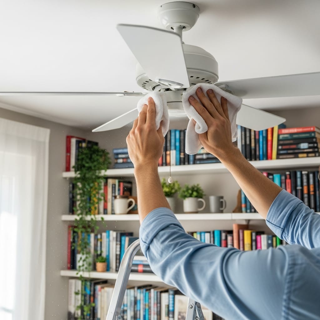 Hands cleaning dust from ceiling fan blades as part of effective summer home cleaning tips for better airflow.