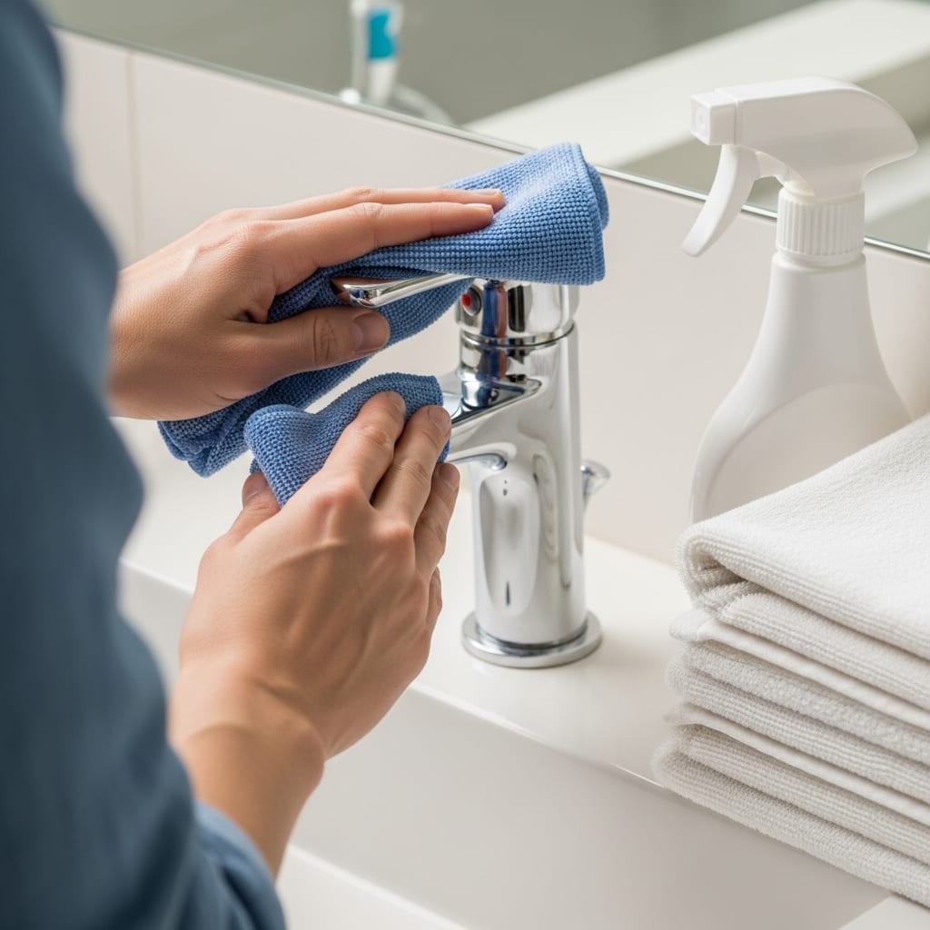 Hands disinfecting bathroom fixtures as part of a guest room cleaning checklist to ensure a hygienic holiday stay.