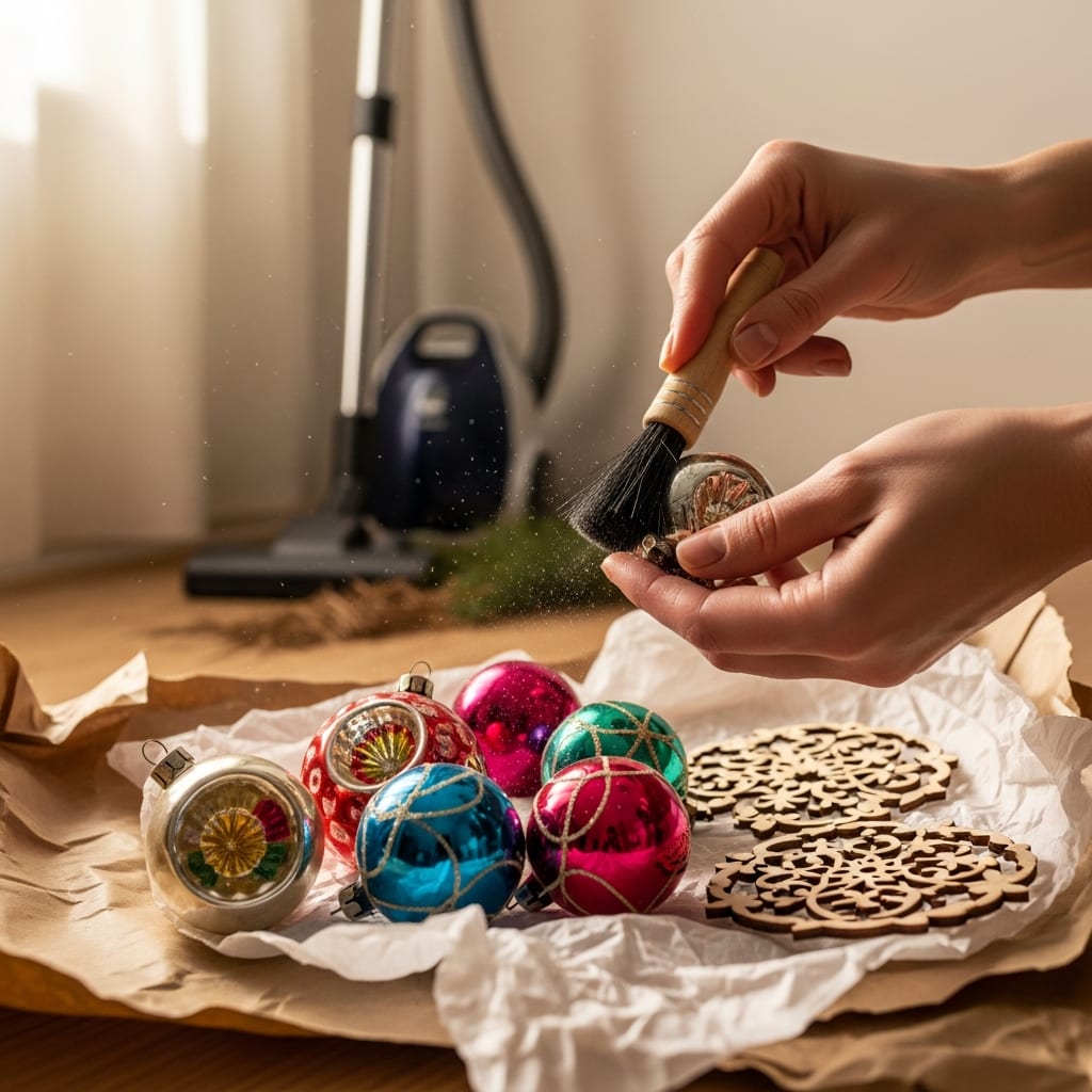Hands dusting ornaments near a vacuum, illustrating a detailed post holiday cleaning checklist step for organized storage.