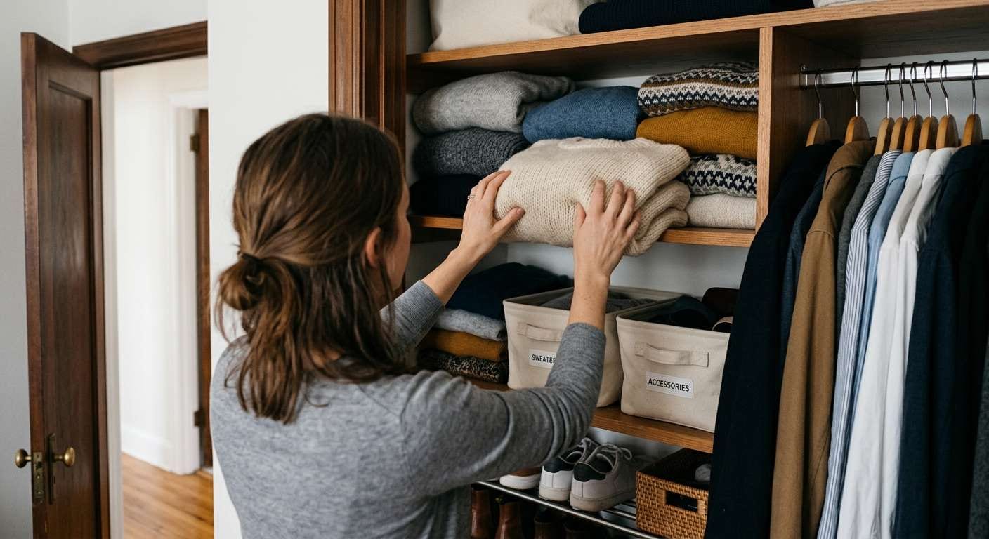 Hands organize a closet with doors open to improve airflow and avoid a musty smell in house on clothes.