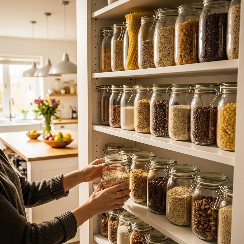Hands organizing glass jars in a pantry, showcasing the strategic advantage of a winter deep cleaning in the family kitchen.