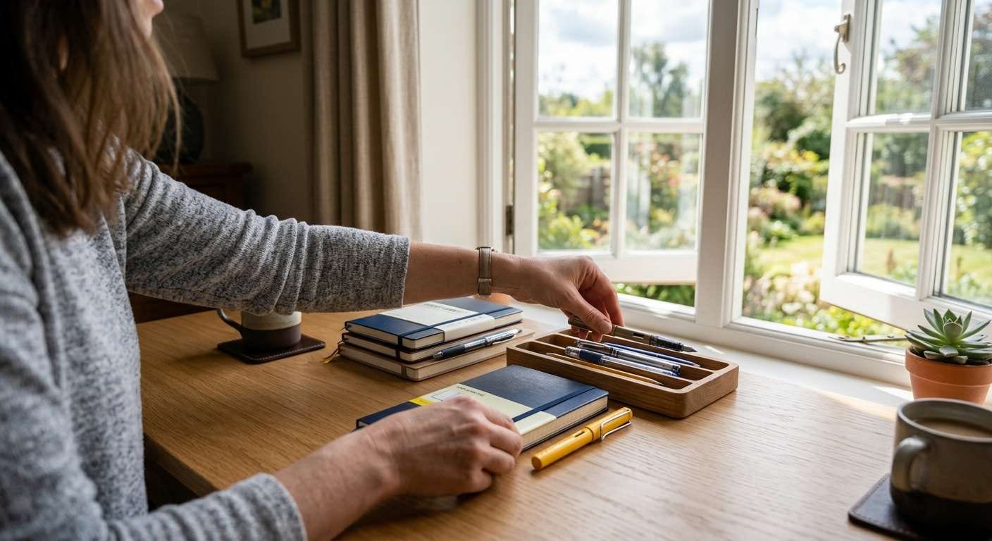 Hands organizing school supplies on a tidy desk, showing the focus of a back to school cleaning checklist for students.