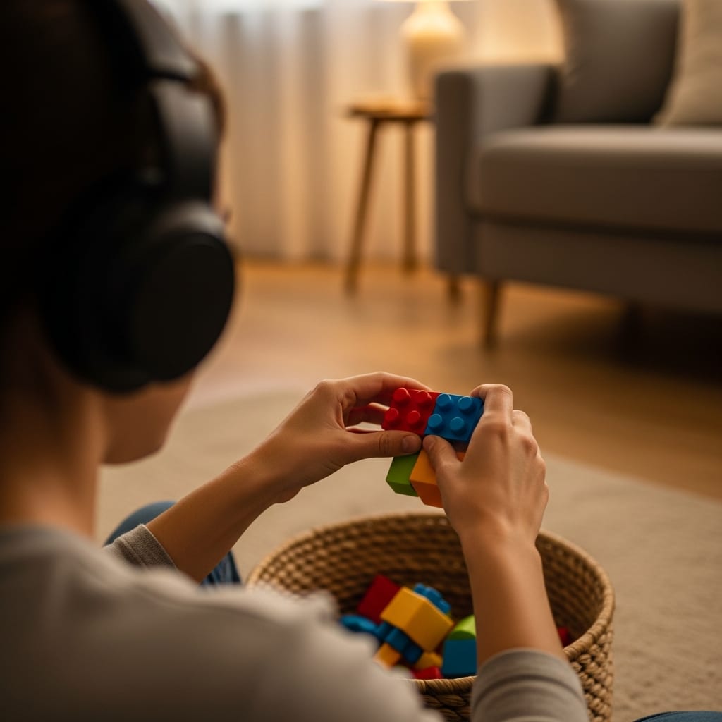 Hands practicing the one-touch rule by putting toys away, a helpful strategy for cleaning when overwhelmed by clutter.