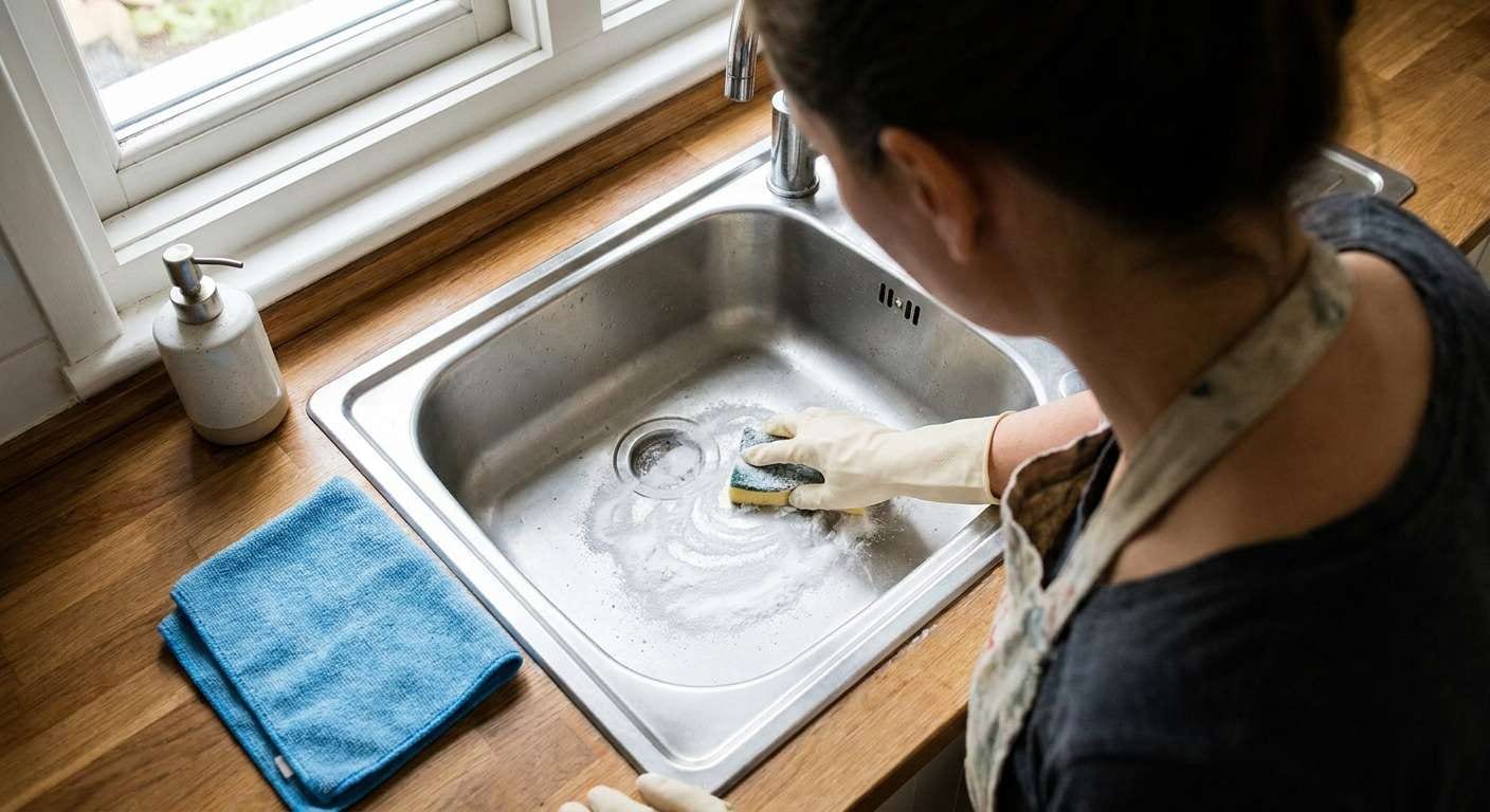 Hands sanitizing a kitchen sink to complete a vacation home cleaning checklist and prevent unwanted odors while away.