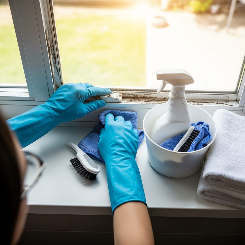 Hands scrubbing debris from a white window track as part of a detailed move-out cleaning in a bathroom.