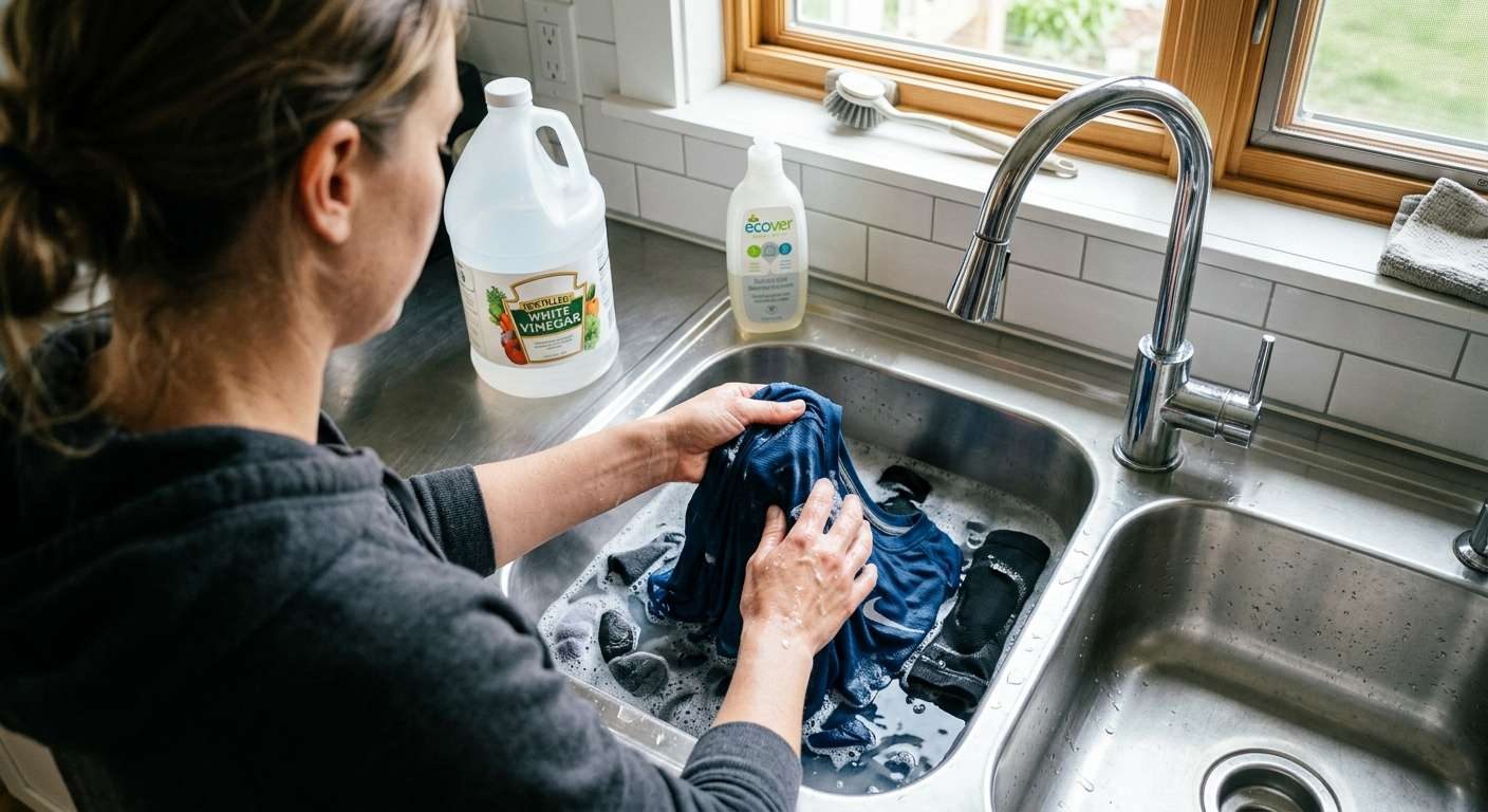 - Fresh Home Cleaning. Hands soaking sports gear in a kitchen sink as part of professional laundry room cleaning tips for odor removal.