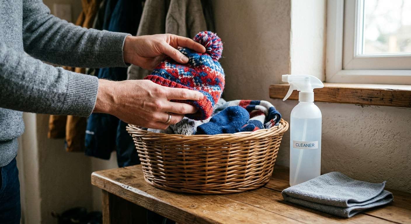 Hands sorting seasonal gear into baskets, demonstrating practical entryway organization ideas to keep a family mudroom tidy and clean.