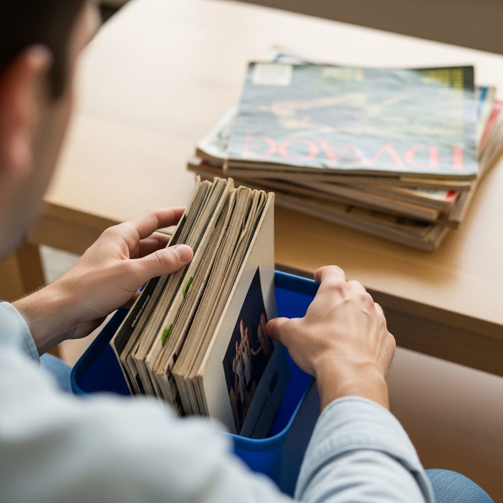 Hands sorting through old magazines on a coffee table illustrate practical spring decluttering tips for a tidier living room.