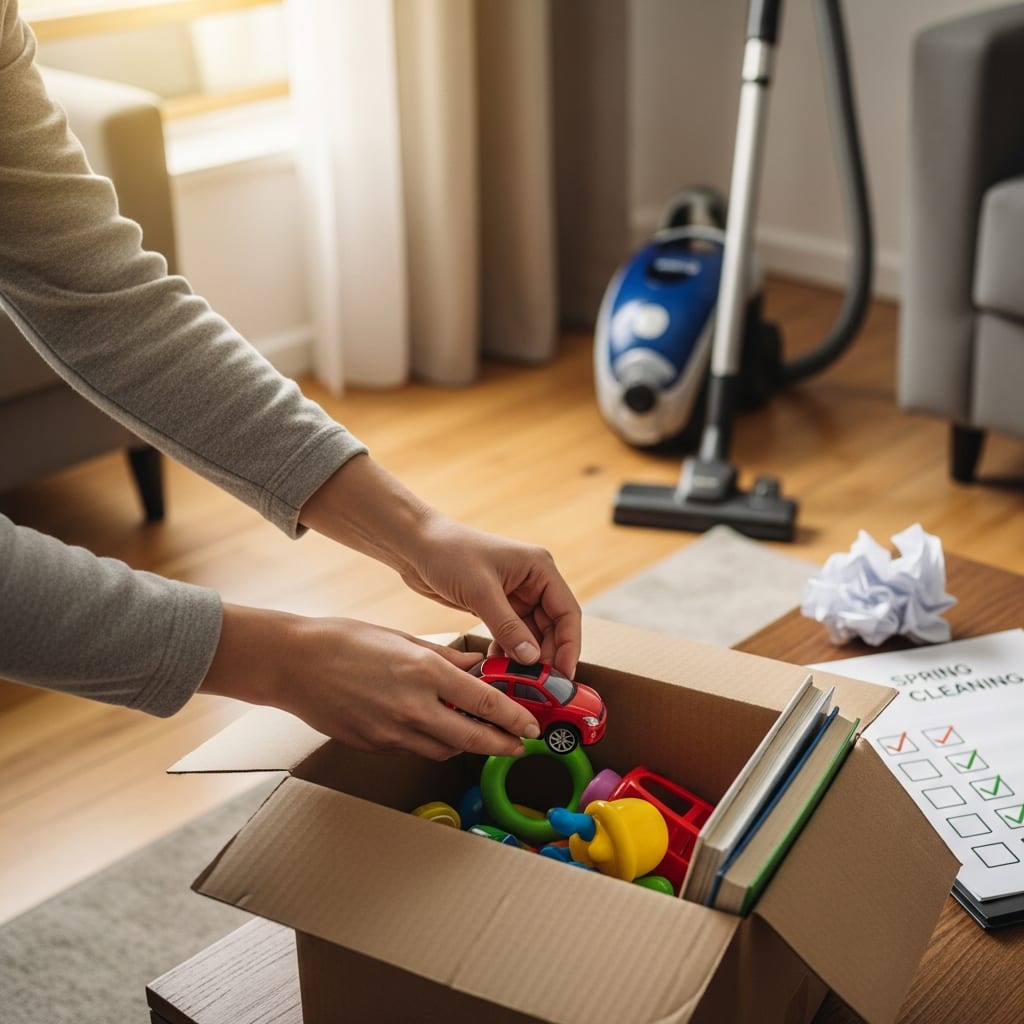 Hands sorting toys into a donation box in a tidy living room as part of a spring cleaning checklist.