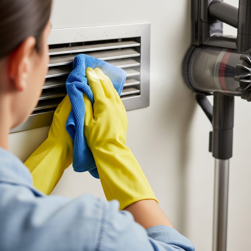 Hands using a damp cloth to clean a heater vent, a vital step in any bedroom cleaning checklist during winter months.