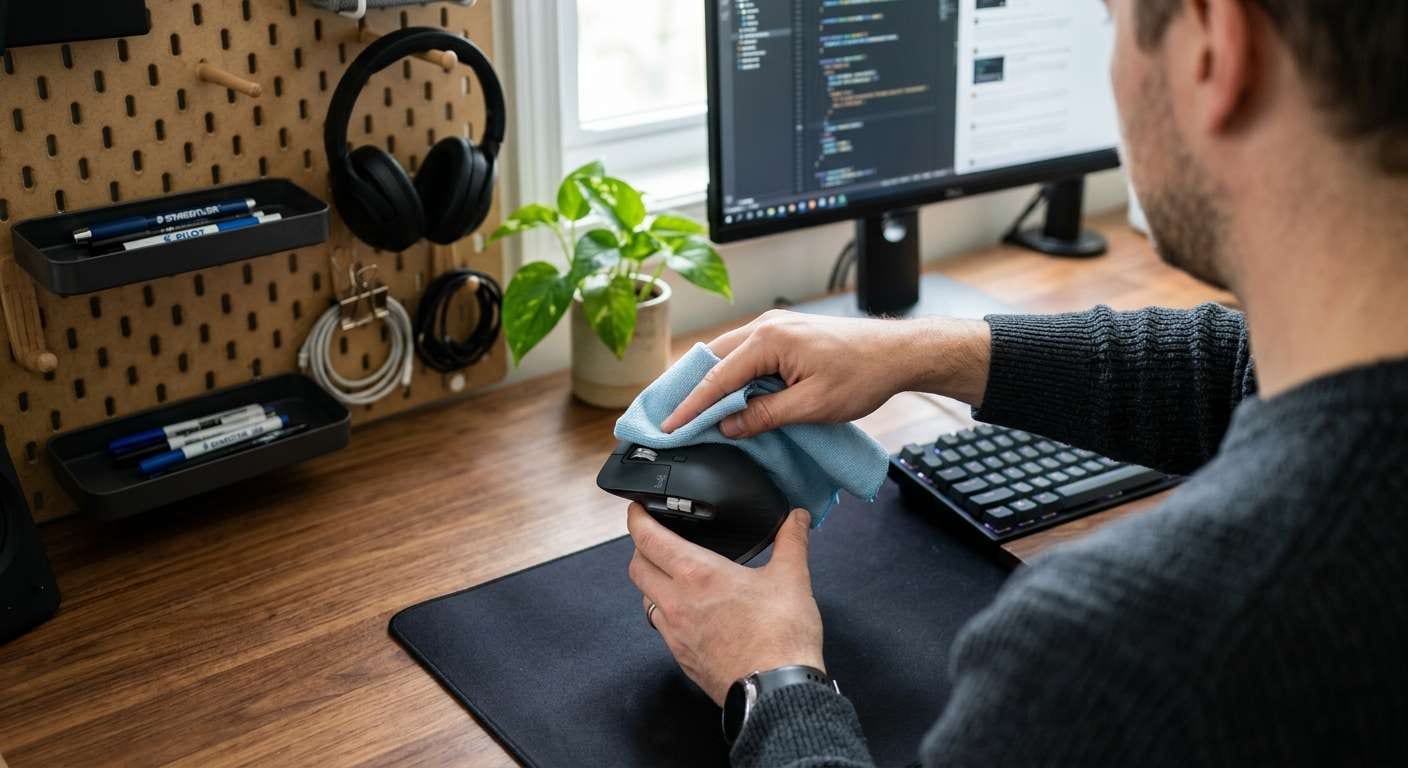 Hands using a microfiber cloth to wipe a computer mouse as part of kids study space organization and cleaning.