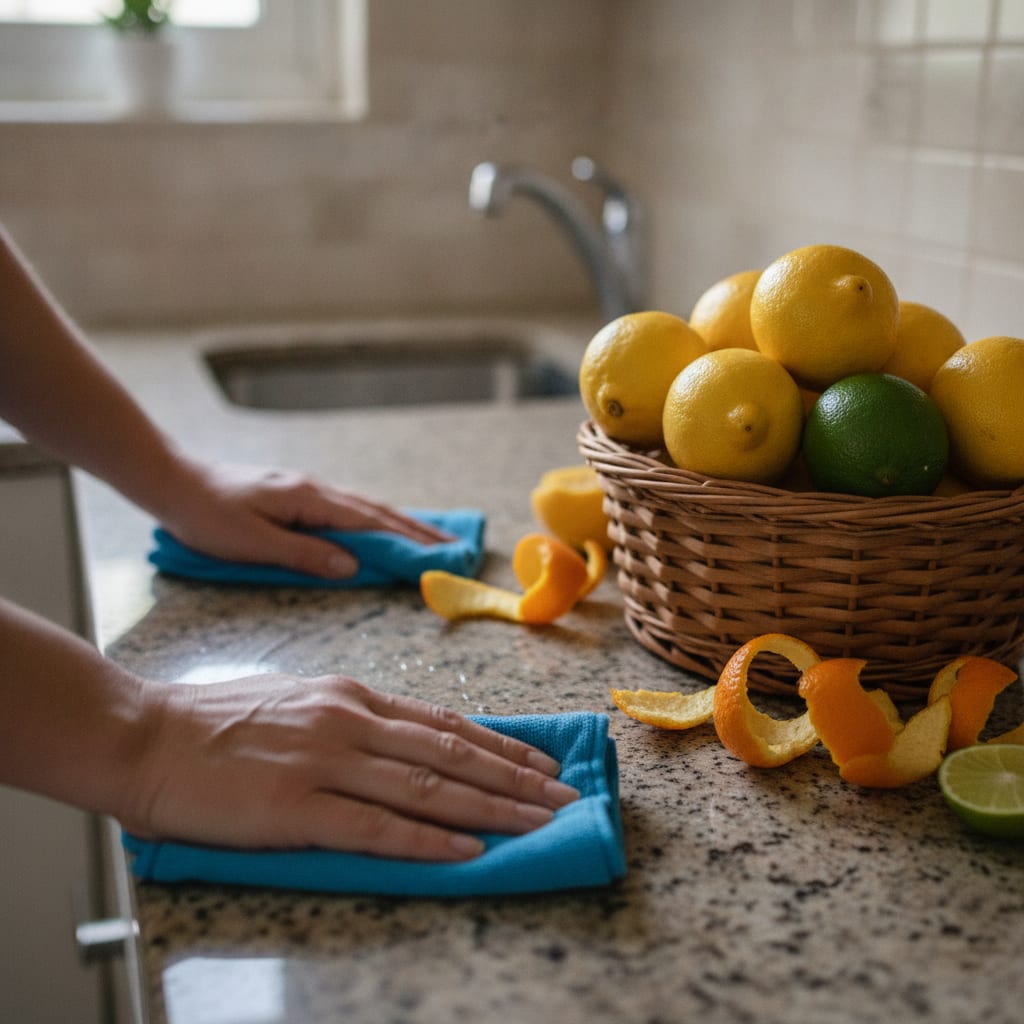 Hands using a microfiber cloth to wipe kitchen surfaces as part of a summer cleaning checklist process.