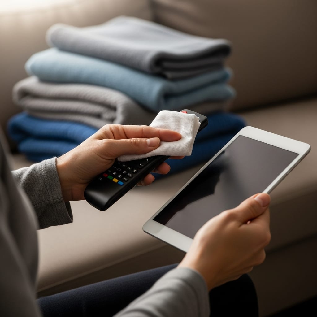 Hands using a soft cloth to disinfect high touch surfaces such as shared electronic devices in a living room.
