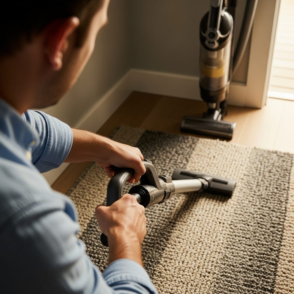 Hands vacuuming a mudroom rug provide a tip on how to get rid of winter odors in house.