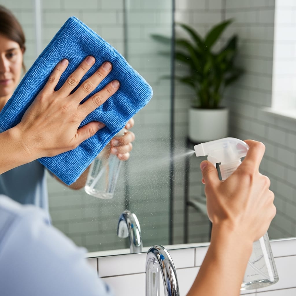 Hands wiping a bathroom vanity with a cloth to maintain a clean home with a busy family schedule.