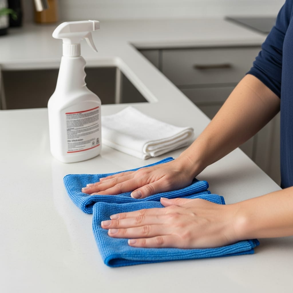 Hands wiping down a kitchen counter to show a productive weekly cleaning routine using simple tools and microfiber cloths.
