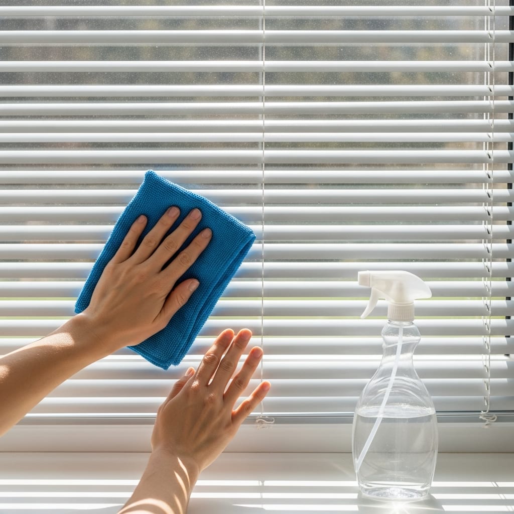 Hands wiping dust from window blinds with a damp microfiber cloth, a key part of effective allergy season cleaning tips.