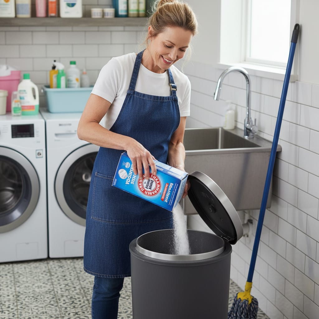 Homeowner manages trash bins in a laundry room as part of a routine for effective summer kitchen cleaning and maintenance.