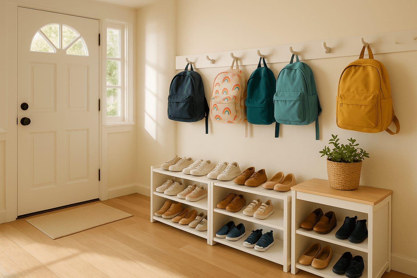 organized entryway for back to school season with backpacks and shoe racks
