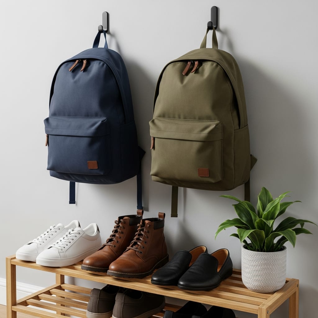 Organized entryway landing strip with shoes and backpacks on hooks, showing an effective cleaning schedule for busy families in Maryland.
