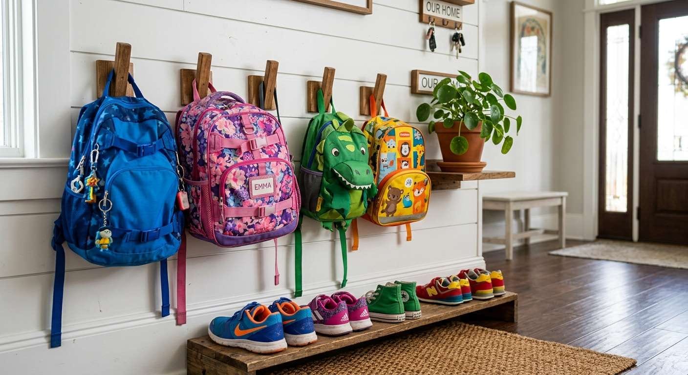 Organized entryway with backpacks and shoes showing the result of a back to school cleaning checklist in a home.