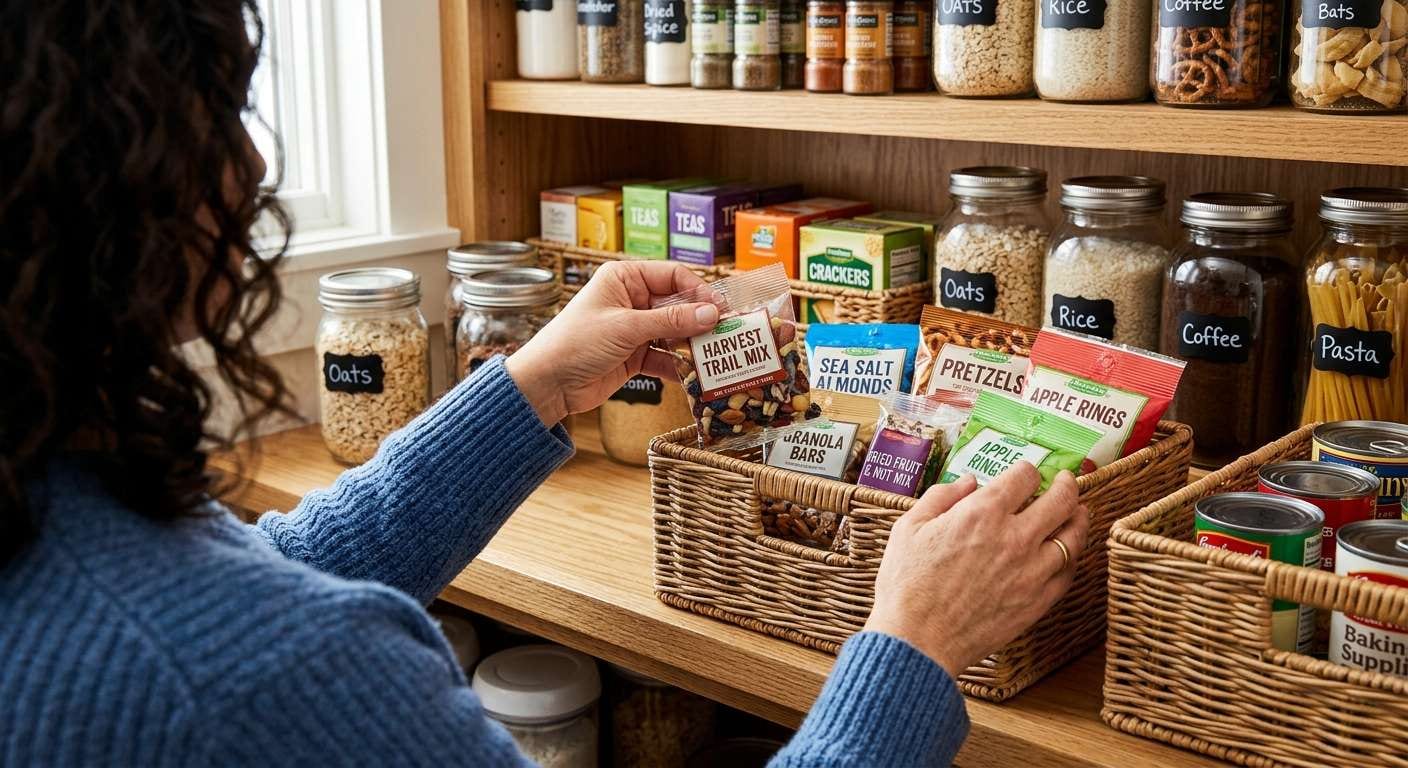 Over the shoulder view of hands organizing a snack station basket for an efficient summer cleaning routine.