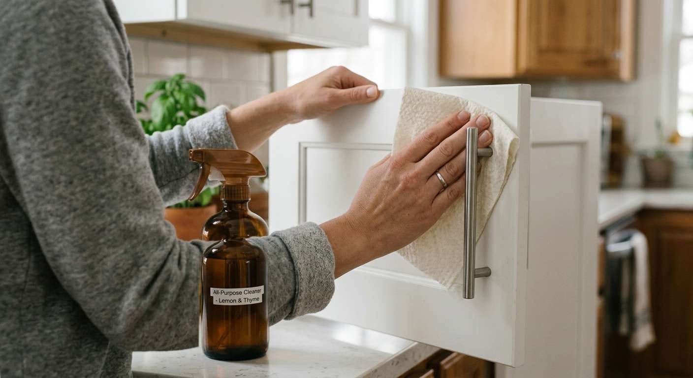 Over the shoulder view of sanitizing high touch surfaces as part of daily bathroom cleaning tips for a healthy family.