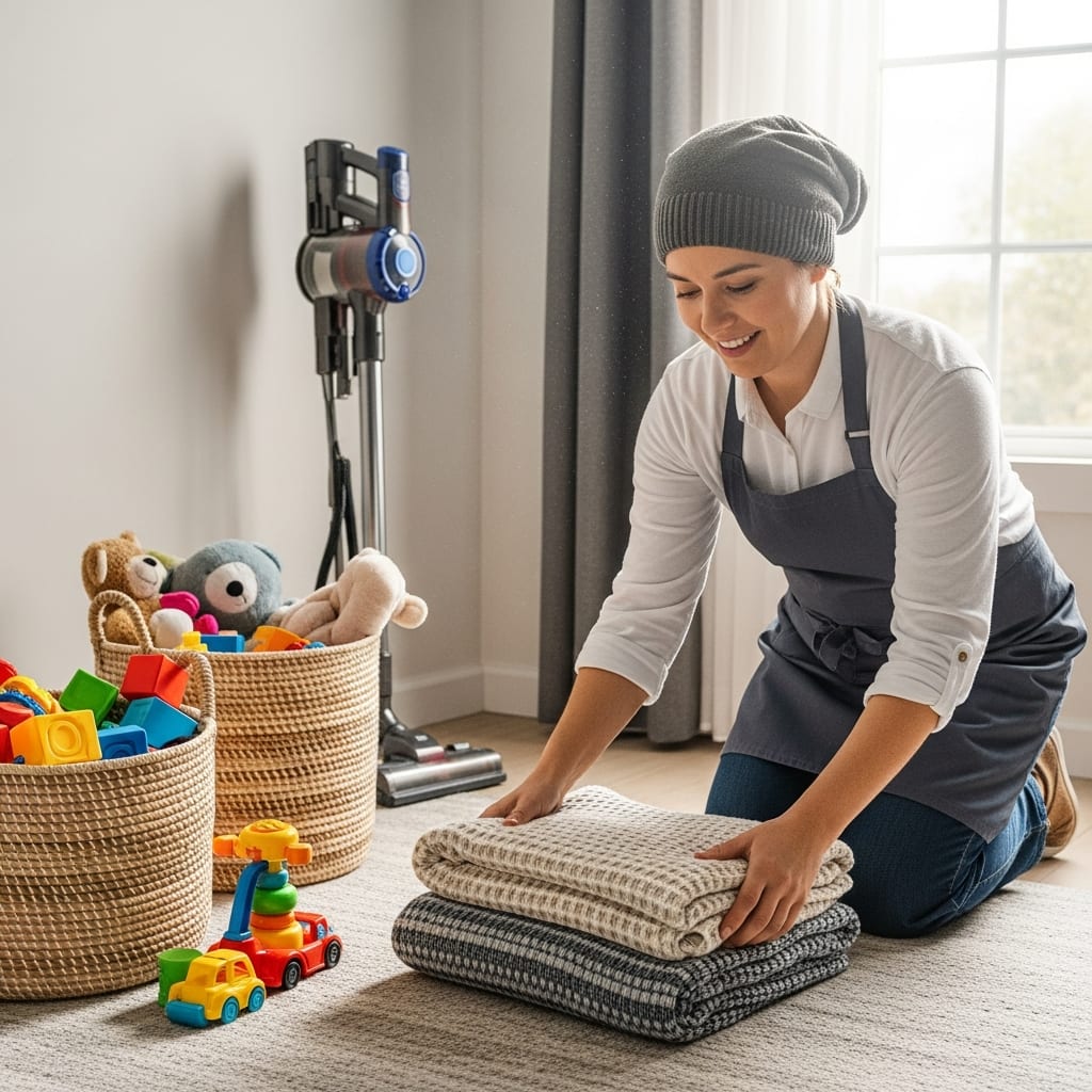 Parent folding a throw blanket in a tidy living room, demonstrating a simple cleaning schedule for busy families to maintain order.
