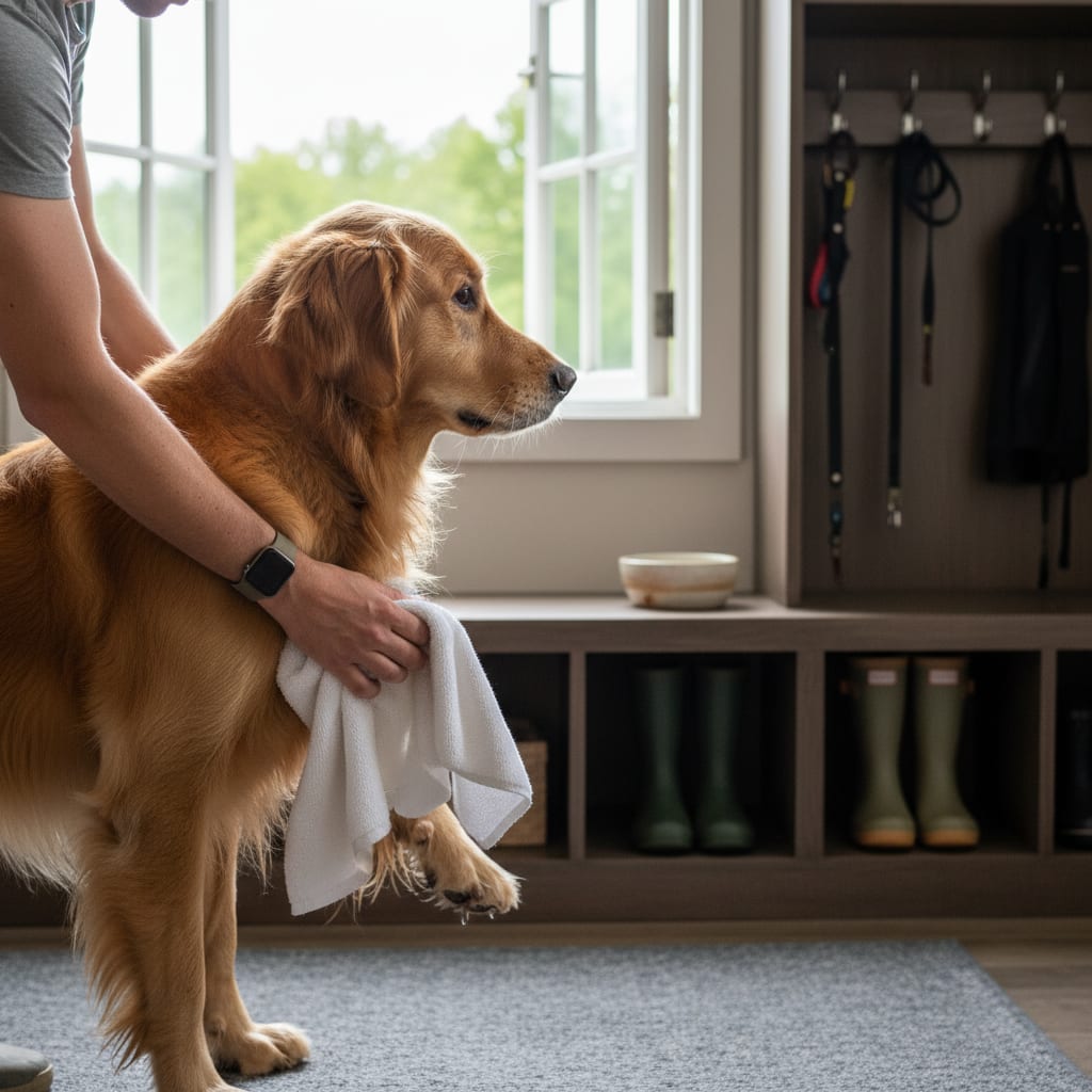 Person wiping a dog paws at the door, demonstrating practical pet hair cleaning tips for a healthier home.
