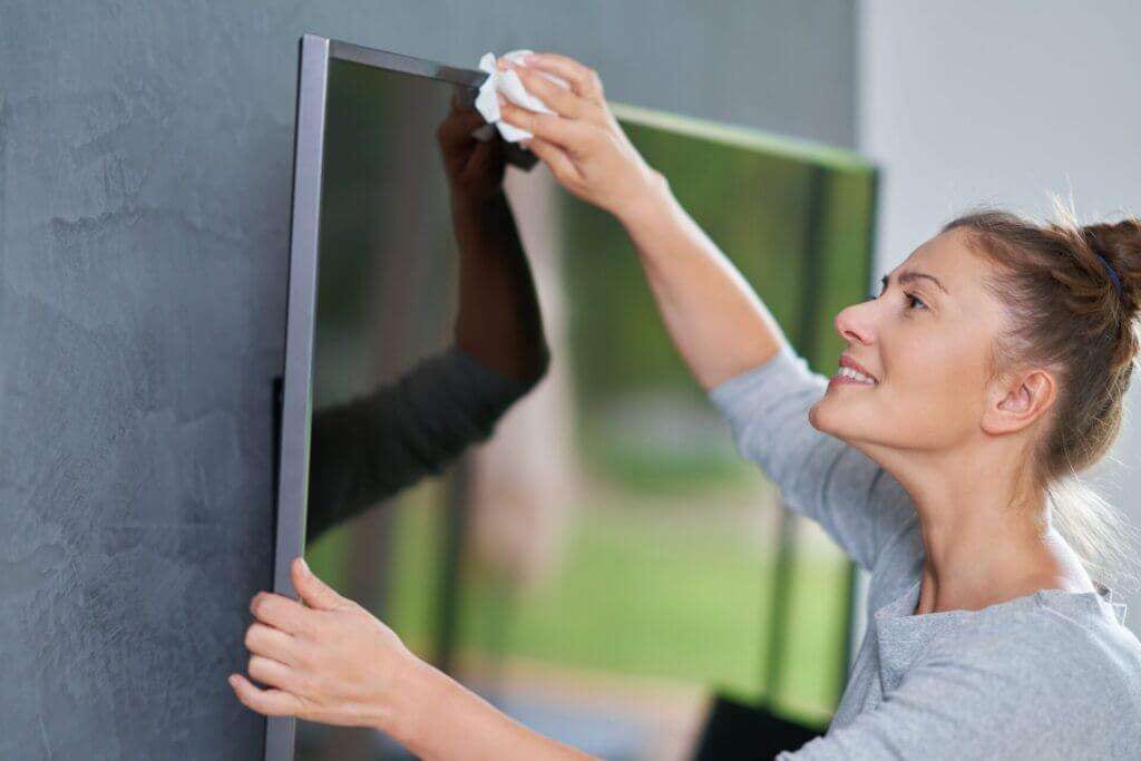 A woman showing how to clean electronics, in this case a TV