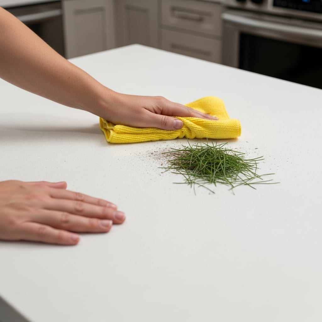 Someone wiping a kitchen counter to remove dust an essential part of decluttering after the holidays for a healthy home environment.