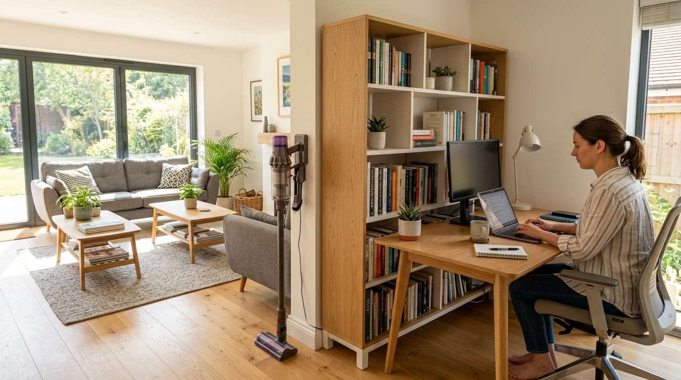 Wide shot of a clean and bright family room featuring a dedicated area for kids study space organization.