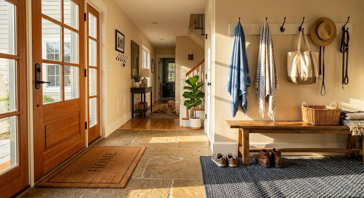 Wide shot of a clean entryway with a double-matting system, part of a successful summer cleaning routine.