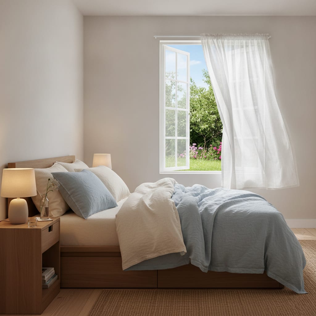Wide shot of a peaceful bedroom with light linen bedding following a summer cleaning checklist for a restful night.