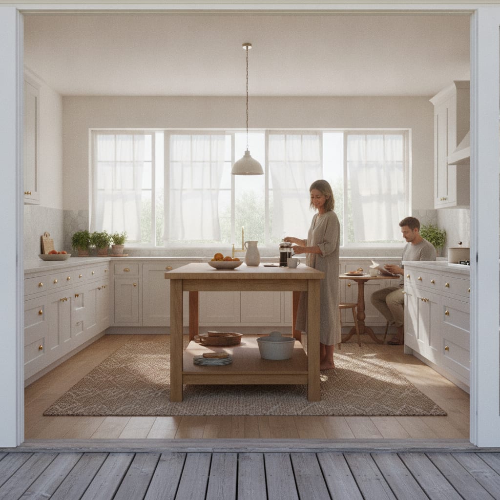 Wide view of a clean kitchen from a porch, showcasing the refreshing results of a summer kitchen cleaning routine.