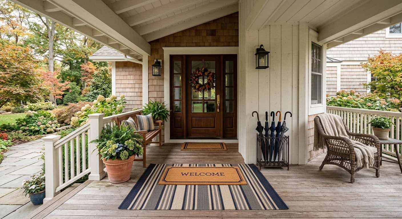 Wide view of a clean porch with a double mat, illustrating effective entryway organization ideas to protect home floors from mud.