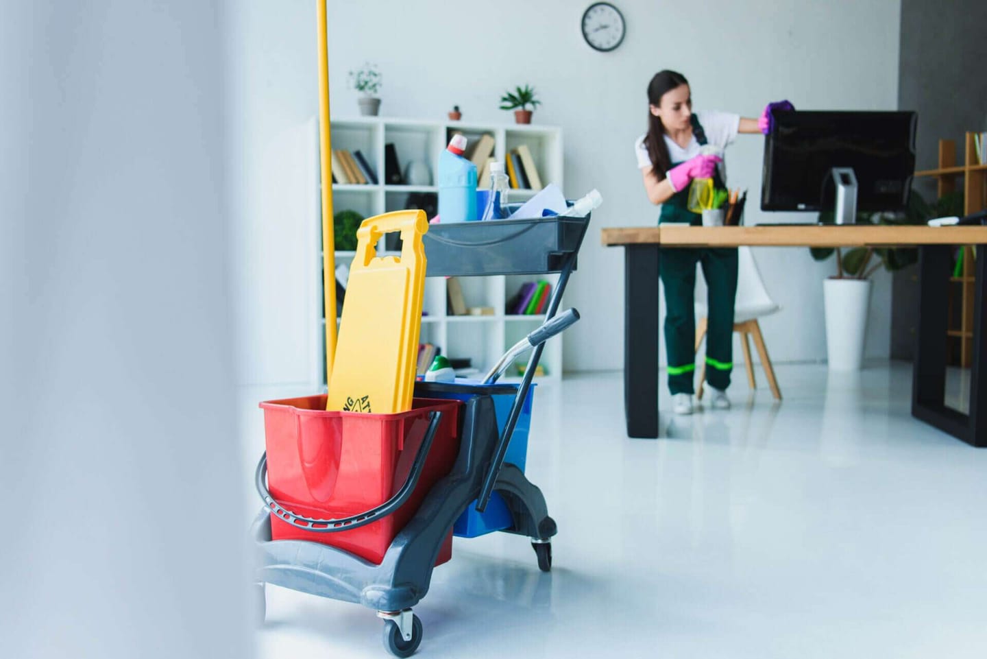 The benefits of commercial cleaning services are evident in this image of a group of experts cleaning